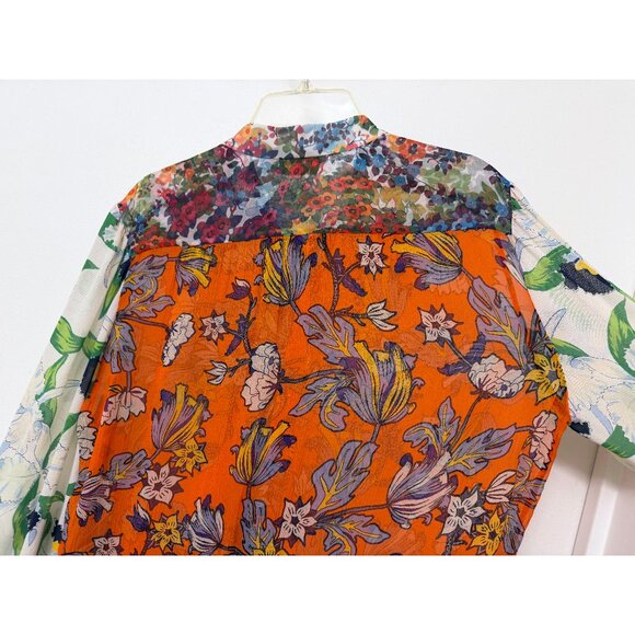 Tory Burch Kia Orange Garden Print Silk Shirt Top Green Floral Tie Neck 8 - Picture 13 of 15